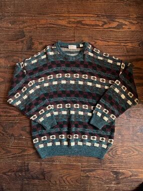 Hastings Teal & Burgundy Alpaca & Wool Pattern Knit Crewneck Men’s Sweater XL